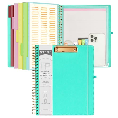 Ospelelf Foldable Spiral Clipboard Folio with Storage Zipper Pouch, 5 Plastic Folders with 10 Pockets,Refillable Lined Notepad (11" x 8.5"), Hardcover Project Organizer with 39 Stickers (Aqua) - color: Aqua