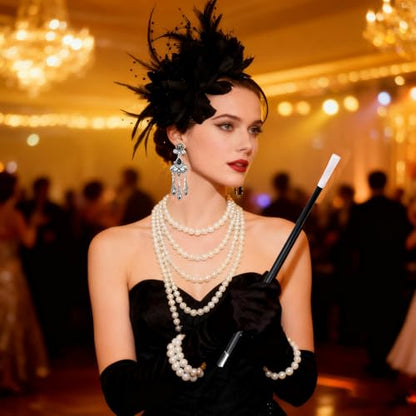 1920s Accessories for Women, Feather Headband Fashion Roaring 20's Theme Set, Pearl Necklace Jewelry Cigarette Rod Black