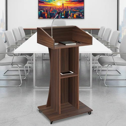 Podium Stand with Lockable Wheels,47"H Wooden Podium for Classroom, Mobile Pulpit Lectern with 3 Storage Shelves for Church, Office,Conference Room (Walnut) - color: Walnut