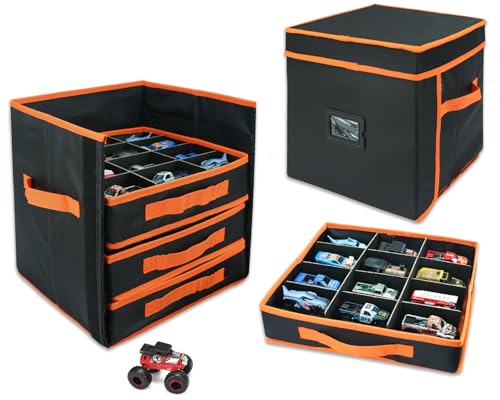 Monster Truck Storage Organizer, 4-Layer Trucks Storage Box with 48 Compartments,Fits 1:64 Monster Trucks, Toy Trucks & More – Foldable Toy Organizer with Drawers (Black) - color: Black
