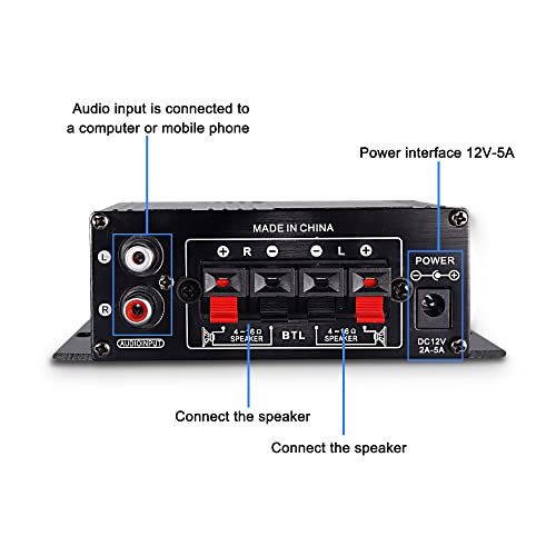 XMSJSIY 12V HiFi Stereo Audio Amplifier for Car 2 Channel HiFi Bass Audio | Subwoofer Amp for Cars CD DVD MP3 Player Speakers