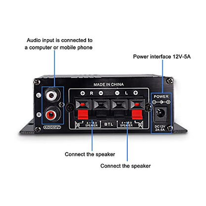 XMSJSIY 12V HiFi Stereo Audio Amplifier for Car 2 Channel HiFi Bass Audio | Subwoofer Amp for Cars CD DVD MP3 Player Speakers