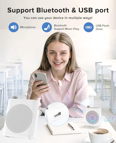 Voice Amplifier for Teachers with 2 Magnetic Lavalier Mics, White | Bluetooth Portable Rechargeable Speaker for Classroom, Meetings, Tour Guide Speeches, Public Speaking, Coaches, PA System - color: White