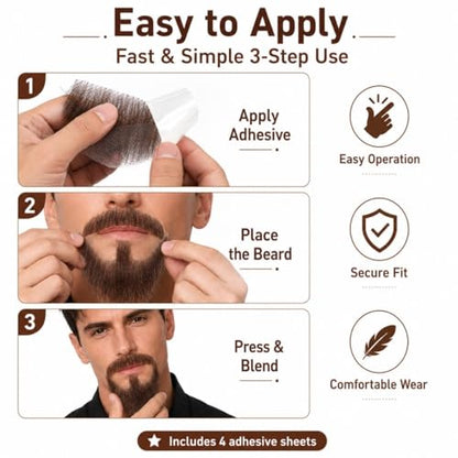 Hand-Tied Human Hair Fake Beard and Mustache for Costumes and Theater | Hand-knotted human hair on lightweight lace creates natural-looking facial hair for costumes, cosplay, theater and film - color: Style 1--brown