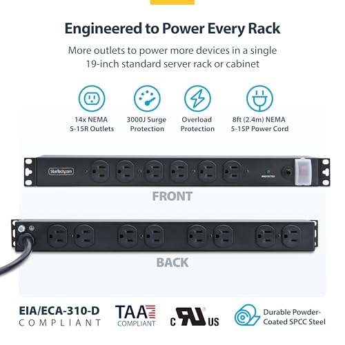 StarTech 14-Outlet 1U PDU, 6 Front 8 Rear, Surge, TAA (1415B8H-RACK-PDU-SP) - style: 14-port|15A|Surge Protect