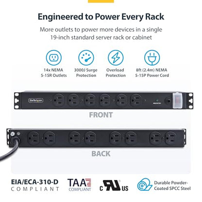 StarTech 14-Outlet 1U PDU, 6 Front 8 Rear, Surge, TAA (1415B8H-RACK-PDU-SP) - style: 14-port|15A|Surge Protect