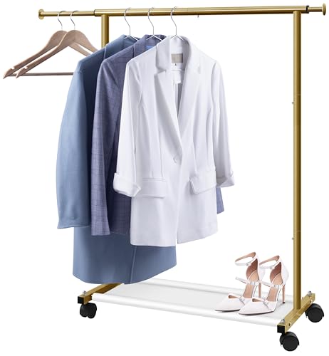 MISSLO Short Clothing Racks for Hanging Clothes with Bottom Shelves and Wheels Heavy Duty Rolling Clothes Rack Kids Clothing Rack for Adult Coat, Closet, Wardrobe (Gold) - color: Gold