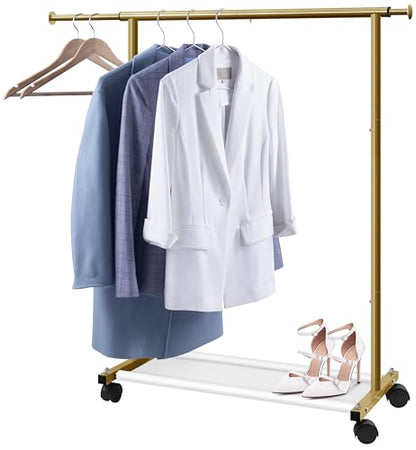 MISSLO Short Clothing Racks for Hanging Clothes with Bottom Shelves and Wheels Heavy Duty Rolling Clothes Rack Kids Clothing Rack for Adult Coat, Closet, Wardrobe (Gold) - color: Gold