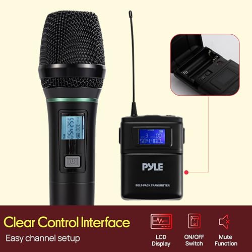 Pyle 4 Channel UHF Wireless Microphone System with 2 Handheld Mics, 2 Lavalier 2 Headsets & Beltpack Transmitters, 300ft Range, Rack Mount Receiver for Church, Meetings, DJ & PA Systems - style: 4-Channel All Mixed
