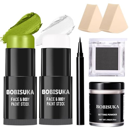 BOBISUKA Light Green & White Face Body Paint Stick Kit with Black Eyeshadow, Black Liquid Eyeliner, Setting Powder & 2 Sponges – Halloween Cosplay Makeup Set for Witch, Beetle Juice, Monster, Goblin - color: Light Green & White Painting Stick Set
