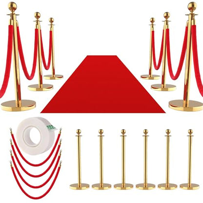 6Pcs Stanchions and Velvet Ropes with 15ft Red Carpet,Complete Crowd Control Barriers Set with 4 Red Velvet Ropes & Stainless Steel Posts for Party, Wedding, Event Supplies,Gold - color: Gold, size: without Red Carpet