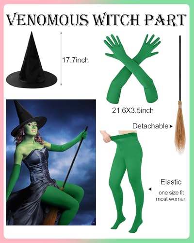 6 Pcs Halloween Green & Good Witch Costume Accessories Set Black Witch Hat, Broom, Green Gloves, Leggings, Princess Crown and Star Wand for Women Friends Musical Theater Cosplay Party