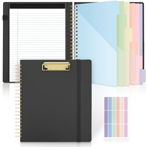SKYDUE Storage Clipboard Folder with 6 Dividers & Refillable Notepad | 6 Dividers with 12 Pockets for Letter Size, A Snap-seal Letter size Pouch,Spiral Clipboards Padfolio for Teacher Worker Nurse - color: Black