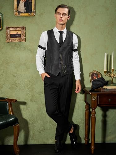 1920s Mens Costume Outfit, Roaring 20s Gatsby Accessories for Men, Vest Hat | 1920 mens outfit, gangster mobster costume,Peaky blinders costume, pocket watch, suspenders and tie, Harlem Nights, Halloween - color: Stylish Black White Stripe-striped Hat, si
