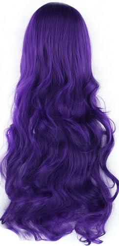 IMISSU 80cm Long Curly Natural Hair Cosplay Wig with Bangs Colorful Halloween Costume Party Wigs for Women (Dark Purple) - color: Dark Purple