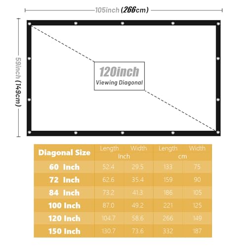 Projector Screen Portable Movies Screens 16:9 Foldable Wrinkle-Resistant Fabric with Dual Adhesive/Nail Hooks for Stable Wall Mount, Ideal for Home Theater & Movie Nights (150 inches) - size: 150 inches