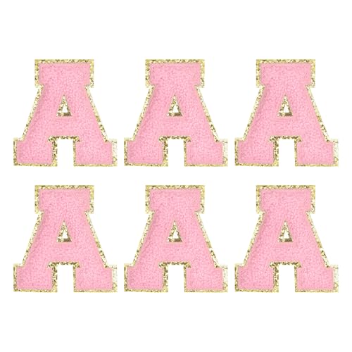 MECCANIXITY Chenille Letter Patches 2.2" Self Adhesive Letter A Stick on Embroidered Patch Sew on Letter Stickers Applique for Repairing Clothing Jeans Shoes Hats DIY(Pink, Pack of 6) - style: Letter-A