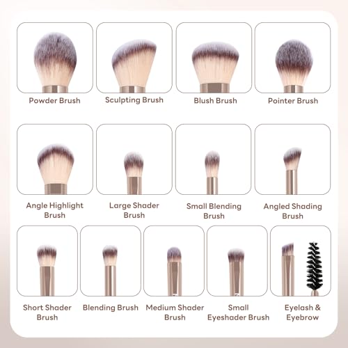 MAANGE 13 PCS Makeup Brushes Professional Make Up Brushes Premium Synthetic Powder Concealers Brushes Travel Makeup Brush Set with Case (Champagne) - color: Champagne