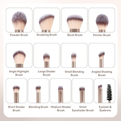 MAANGE 13 PCS Makeup Brushes Professional Make Up Brushes Premium Synthetic Powder Concealers Brushes Travel Makeup Brush Set with Case (Champagne) - color: Champagne