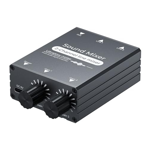 2 Channel Stereo Audio Mixer - 3.5mm Mini Mixers Audio with Dual Volume Control Knobs, Aluminum Shell, 2 in 1 Out Small Audio Switch for PC Headphone Speaker Monitor Projector Live Streaming