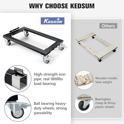 KEDSUM 1800LBS Furniture Dolly Heavy Duty Dolly with Reinforced Steel Frame | 4 Wheels with Brake, All Terrain & Anti-Slip Baffles for Home Moving, Garage, Warehouse, 24 x 16 in, 1 Pack - size: 24 x 16 inch