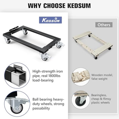 KEDSUM 1800LBS Furniture Dolly Heavy Duty Dolly with Reinforced Steel Frame | 4 Wheels with Brake, All Terrain & Anti-Slip Baffles for Home Moving, Garage, Warehouse, 24 x 16 in, 1 Pack - size: 24 x 16 inch