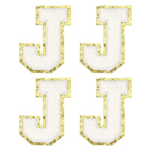 MECCANIXITY Chenille Letter Patches 3.1" Alphabet J Iron on Embroidered Patch Sew on Letter Stickers Applique for Repairing Clothing Jeans Shoes Hats DIY(White, Pack of 4) - style: Letter-J