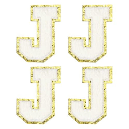 MECCANIXITY Chenille Letter Patches 3.1" Alphabet J Iron on Embroidered Patch Sew on Letter Stickers Applique for Repairing Clothing Jeans Shoes Hats DIY(White, Pack of 4) - style: Letter-J