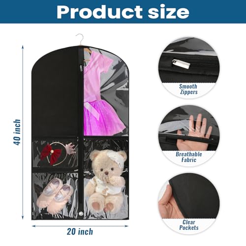 6 Pcs Garment Bags for Dance Costumes Waterproof Hanging Clothes Competition Bags with 3 Zippered Pockets Storage for Adults Kids(20" x 40"，Black) - size: 6 PACK