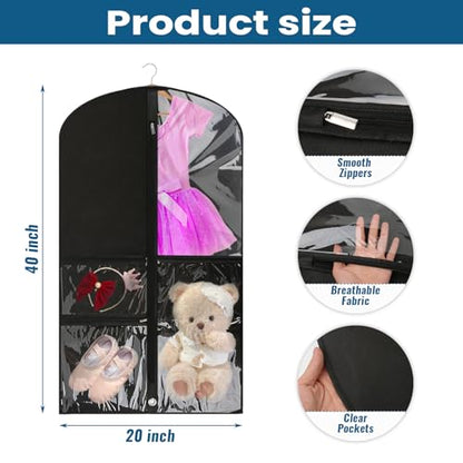 6 Pcs Garment Bags for Dance Costumes Waterproof Hanging Clothes Competition Bags with 3 Zippered Pockets Storage for Adults Kids(20" x 40"，Black) - size: 6 PACK