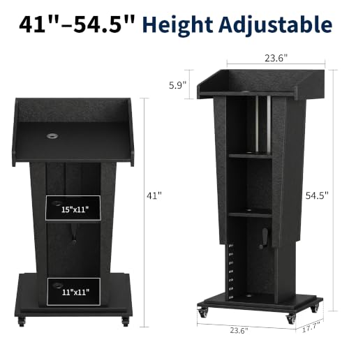 MOOFI Height Adjustable Wooden Podium Lectern with Wheels, Mobile Rolling Presentation Stand with Storage Shelves, Teacher Podium for Classroom, Church, Office and Conference Room (Black) - color: Black