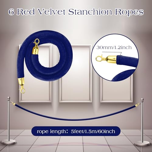 Nuogo 6 Pack Blue Velvet Stanchion Rope, 5 Feet Velvet Rope with Gold Hook | Safety Rope Off Barrier, Crowd Control, 1.2 IN in Diameter,Event Weddings Graduation Theaters Grand Opening Hotel - color: Blue
