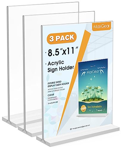 MaxGear Acrylic Sign Holder 8.5" x 11" Double Sided Acrylic Stand, 3 Pack | Clear Acrylic, Double-Sided Display, Stable Tabletop Stand, Quick Paper Replacement, Fits Menus, Signs, Notices, Photos - size: Slot-3pack