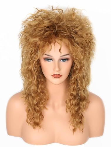 80s Rock Diva Wig Dirty Gold Fluffy Big Roll Mullet Wigs for Man or Woman Halloween Party Costume Cosplay Wig - color: Golden/Brown