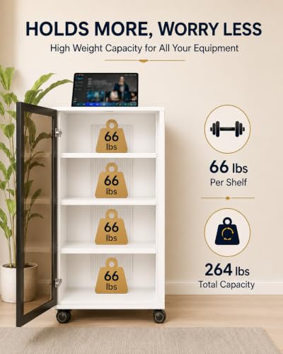 4-Tier White Media Cabinet with Glass Door & Adjustable Shelves | 198 lb Capacity, Clear Tempered Glass with Metal Frame, Ventilated Design, Cable Management, and Locking Caster Wheels - color: White, size: 4-tier