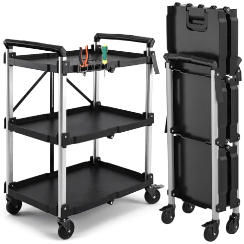 YITAHOME 3-Tier Large Folding Utility Cart w/Wheels(2 Brakes), 300lbs - size: 300 LBS with 31.1"L x 19.2"W x 41.3"H