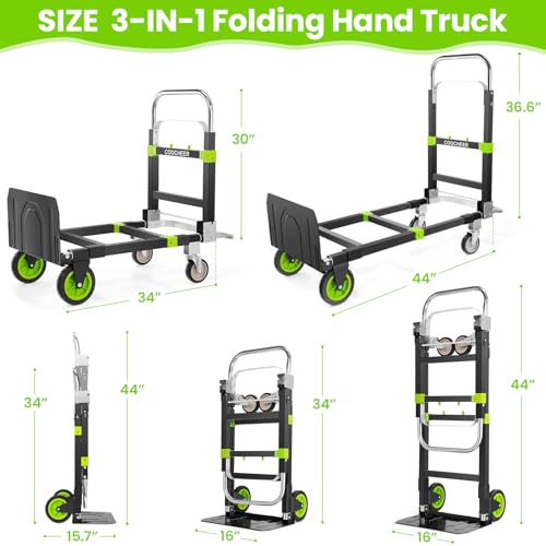 3-in-1 Folding Hand Truck, 600lb Convertible 4 to 2 Wheel Dolly Cart Green | For home office warehouse garage farm gym, carbon steel frame, base expands 35-44in, swivel rubber wheels, folds flat - color: Green