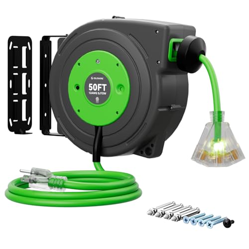 50 FT Retractable Extension Cord Reel, Heavy Duty 12AWG/3C SJTOW Power Cord, Lighted Triple Tap, 15A Circuit Breaker, Wall/Ceiling Mount Electric Cord Reel for Garage & Workshop, ETL Listed, Green - color: Green