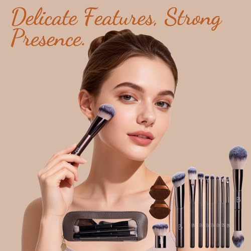 Travel Makeup Brush Set BS-MALL Ultra-Soft Synthetic Bristles Eyeshadow Brush, Foundation Brush for Liquid Makeup, Double-ended Travel Bag & Triangle Puff - Travel-friendly Multi-purpose Kit 10 Pcs