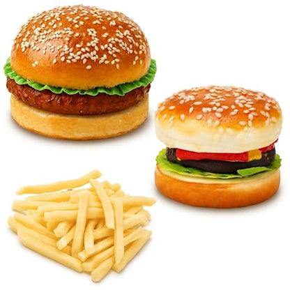 Peohud 2 Pack Artificial Hamburger and 30 Pcs Artificial French Fries, Realistic Fake Food for Display, Faux Beef Burger for Photography Props, Home Kitchen Party Decoration