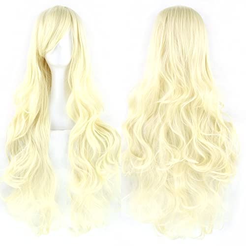IMISSU 80cm Long Curly Natural Hair Cosplay Wig with Bangs Colorful Halloween Costume Party Wigs for Women (Blonde) - color: Blonde
