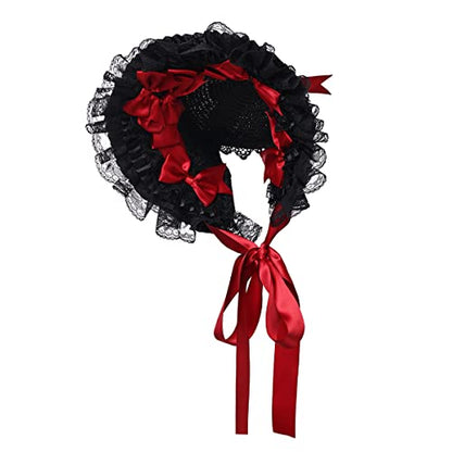COSDREAMER Girls Women Victorian Bonnets Lace Flowers Tea Party Hats - color: Black Red