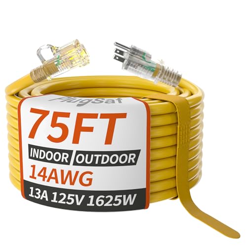 PlugSaf 14/3 AWG 75 FT Extension Cord, Heavy Duty Extension Cord, Yellow - color: Yellow, size: 75FT