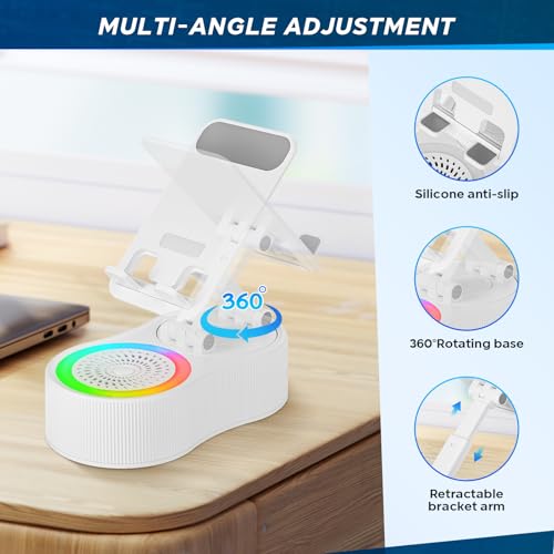 Cell Phone Stand with Bluetooth Speaker - Wireless Bluetooth Speaker with 360° Rotatable Phone Holder, Multifunctional Adjustable Stand with Charging Compatible with Tablet for Home Desk (White) - color: White