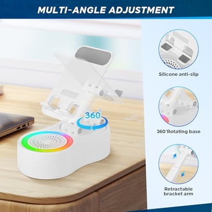Cell Phone Stand with Bluetooth Speaker - Wireless Bluetooth Speaker with 360° Rotatable Phone Holder, Multifunctional Adjustable Stand with Charging Compatible with Tablet for Home Desk (White) - color: White