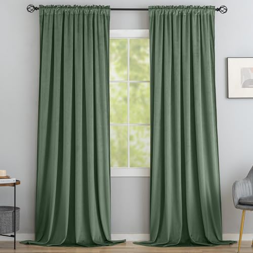 Yakamok Sage Green Room Darkening Velvet Curtains 96 Inch Living Room | Luxury soft velvet, 2 panels 52x96 inch,bedroom study, window drapes rod pocket,light blocking,Thermal Insulated - color: Sage Green, size: 52"W x 96"L (Pack of 2)