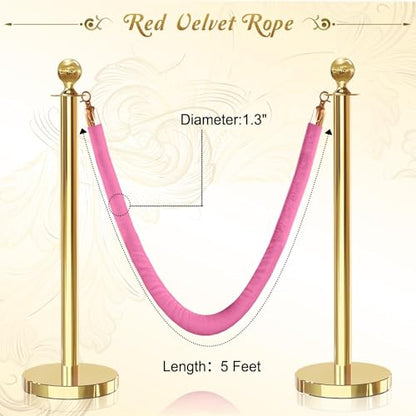2PCS Pink Velvet Stanchion Rope 5 Ft Crowd Control Ropes Barrier with Gold Hooks for Party - color: Pink&gold, size: 2PCS
