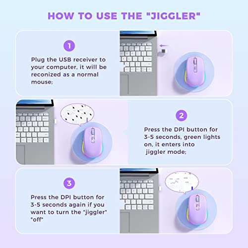 PEIOUS Wireless Mouse Jiggler - LED Wireless Mice with Build-in Mouse Mover, Rechargeable Moving Mouse for Laptop with Undetectable Random Movement Keeps Computers Awake - Purple - color: Purple