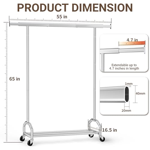 Heavy Duty Rolling Clothing Rack, 420 lbs Capacity Metal Clothes Rack with Wheels, 65" Tall Freestanding Hanging Rack for Bedroom, Laundry Room, Retail Display, Chrome - color: Chrome