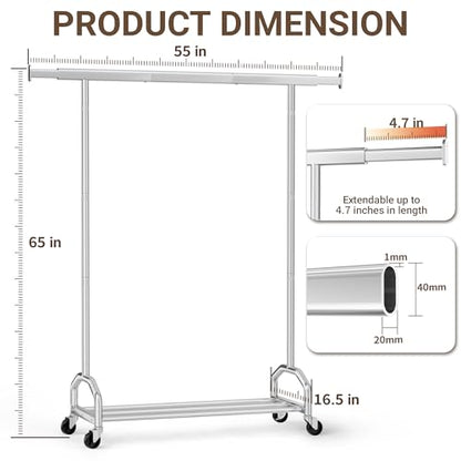 Heavy Duty Rolling Clothing Rack, 420 lbs Capacity Metal Clothes Rack with Wheels, 65" Tall Freestanding Hanging Rack for Bedroom, Laundry Room, Retail Display, Chrome - color: Chrome
